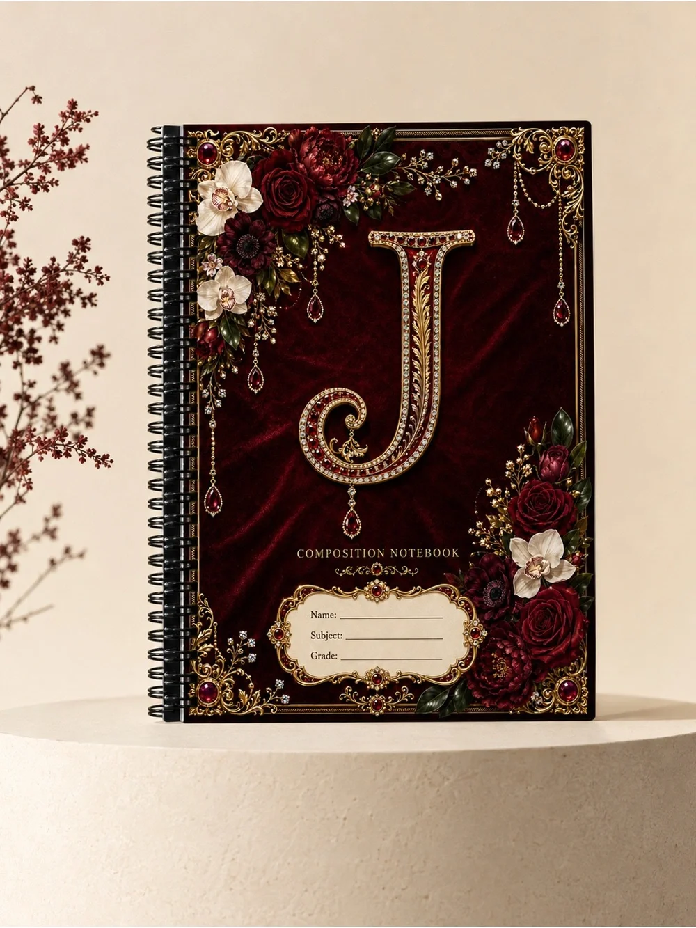 Monogram J Burgundy Floral Composition Notebook - Elegant Spiral Journal
